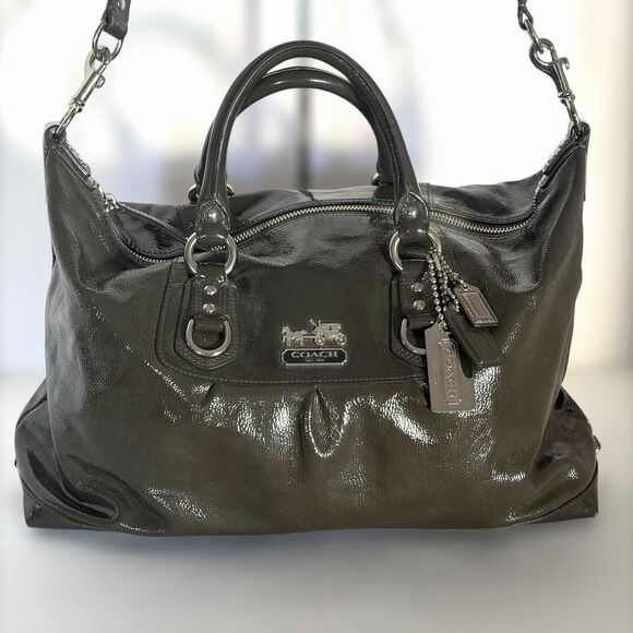 COACH Madison Sabrina Patent Leather Satchel 14179 Olive-Grey Shoulder Bag - Picture 2 of 16